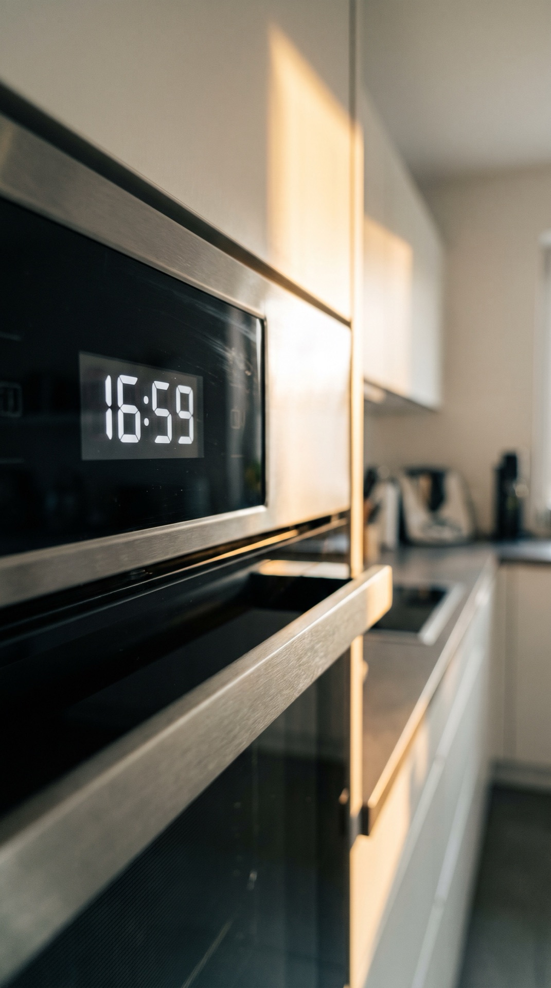 Board 01 frame 01, Extreme close up of the oven's digital clock reading 16:59, one tick before five