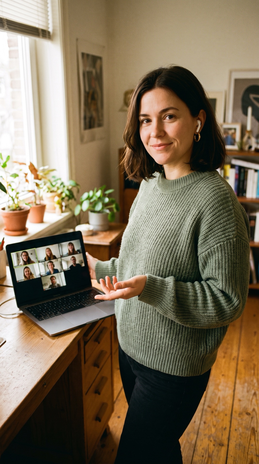 Board 01 frame 02, Lena in the home office nook, laptop with a six person video call, she is presenting confidently