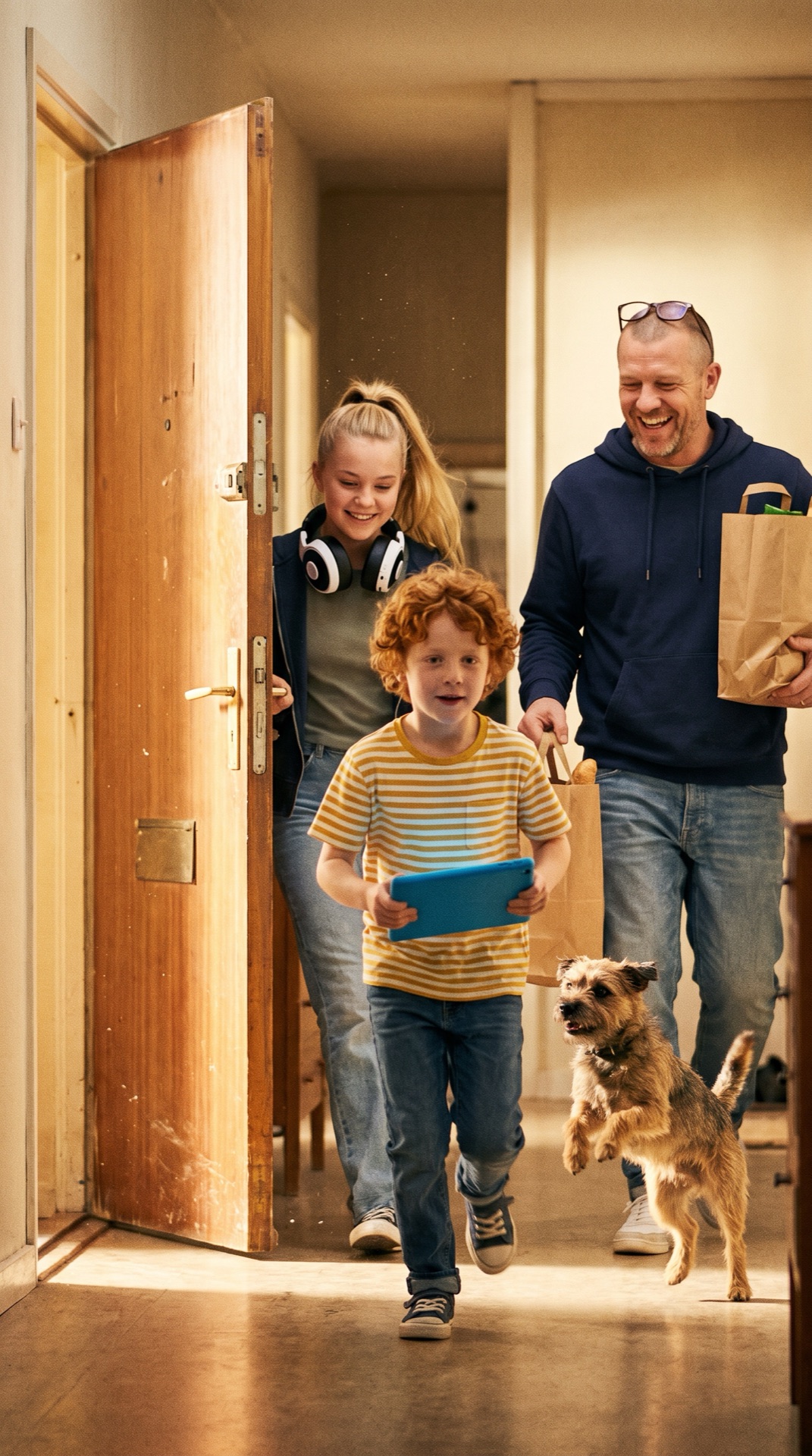 Board 01 frame 03, The front door bursts open: Finn runs in with his tablet, Mia with headset around her neck, Tobi with grocery bags, a dog