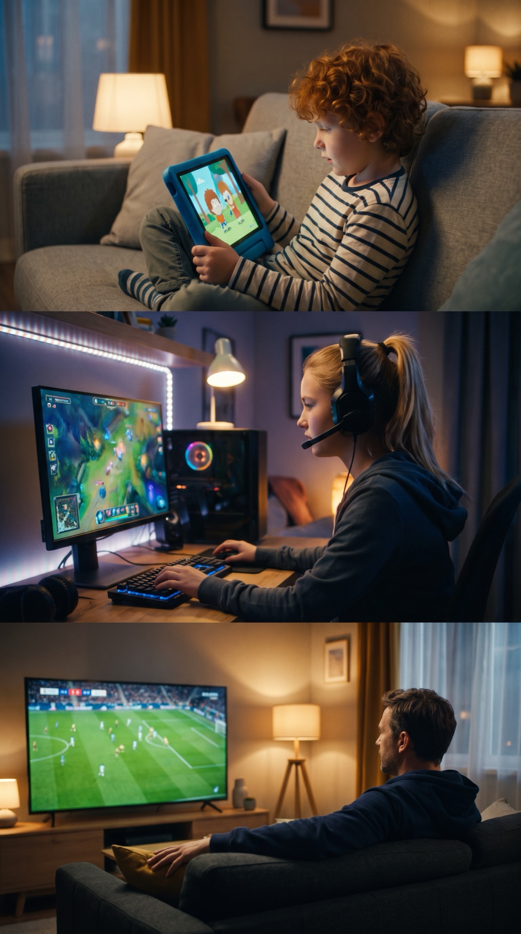 Board 01 frame 04, Triptych: Finn watches cartoons on the sofa, Mia starts a ranked match in her room, Tobi streams football in 4K on the big TV