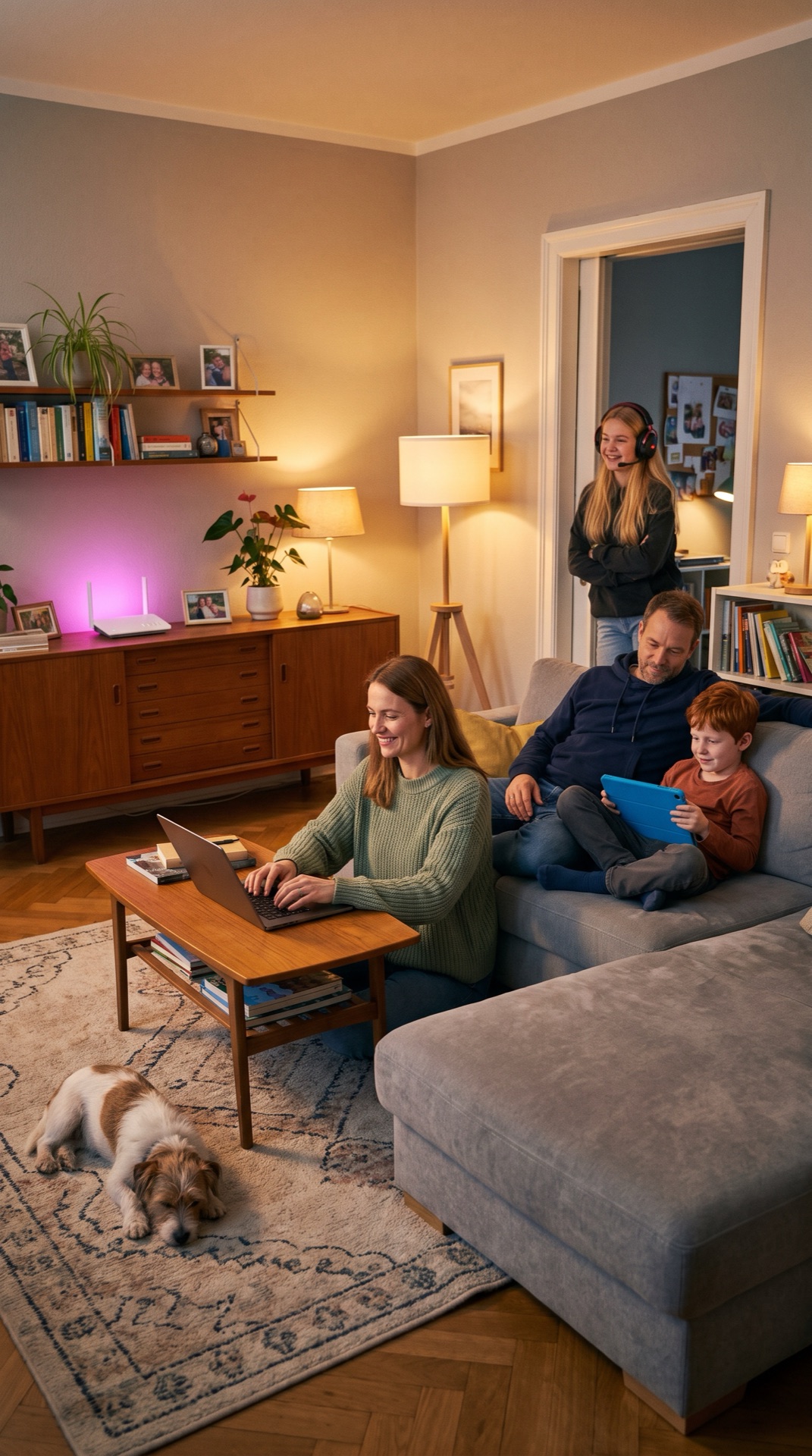 Board 01 frame 07, Promise frame: wide living room, everyone happy on their screen, router light glowing
