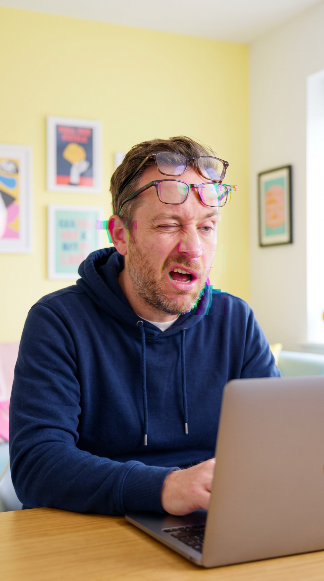 Board 02 frame 01, Tobi on a laptop call, mid sentence, frozen in an absurd grimace, heavy pixelation across his face