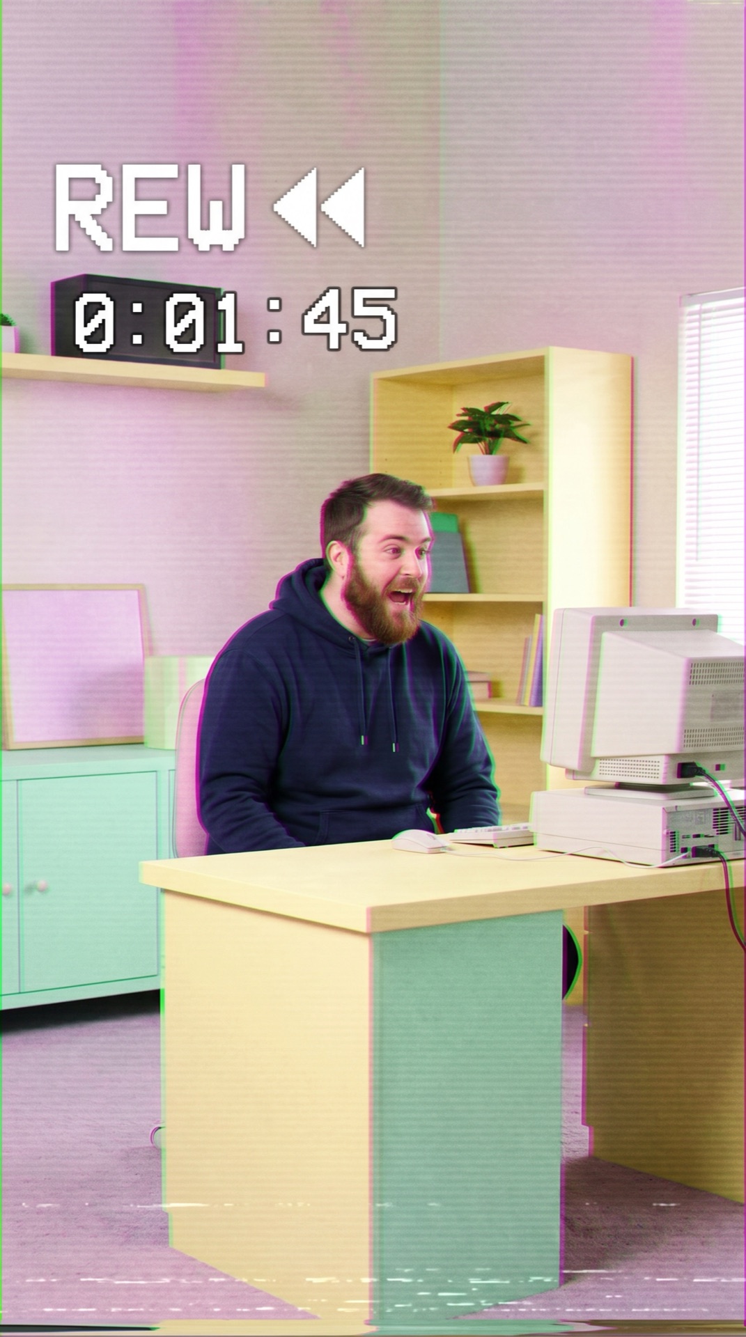 Board 02 frame 05, Rewind frame: the same room with VHS tracking lines and a big REW icon
