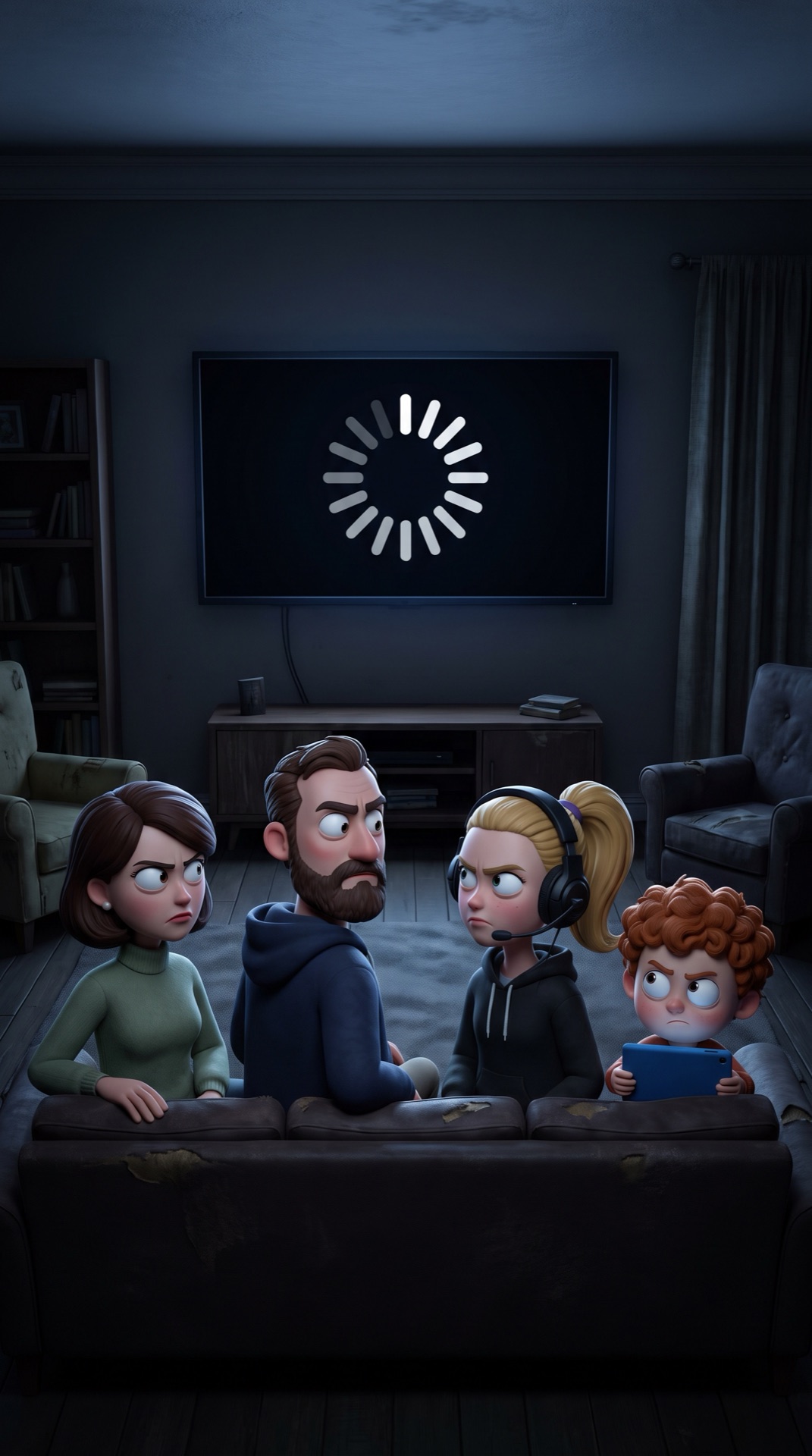 Board 03 frame 01, The living room in darkness, only the TV glows with a giant buffering wheel, four silhouettes glare at each other