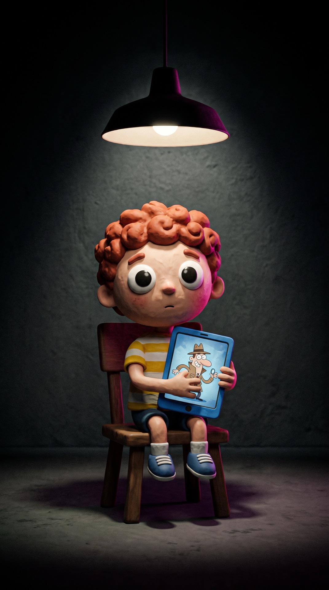 Board 03 frame 02, Interrogation: Finn under a hanging lamp, hugging his tablet, cartoon still frozen on it, big innocent eyes