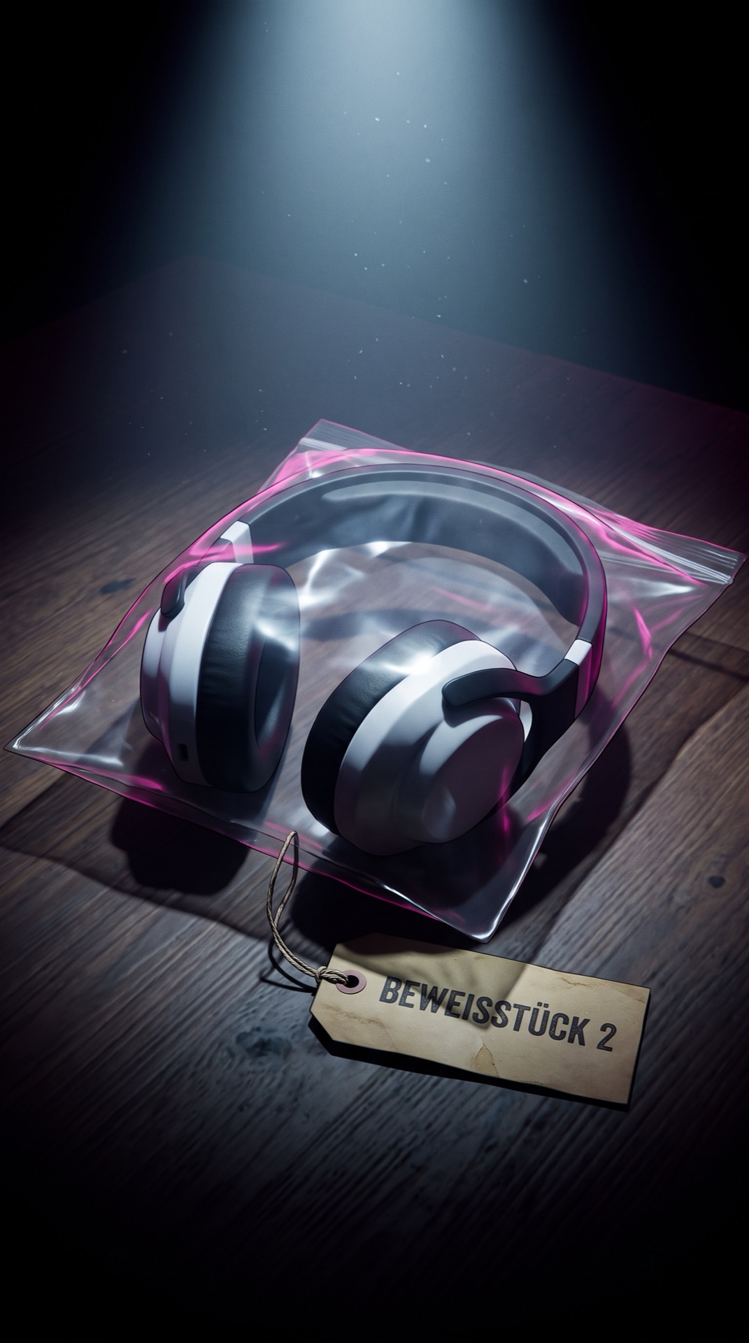 Board 03 frame 03, Mia's gaming headset lying on a table in an evidence bag with a tag
