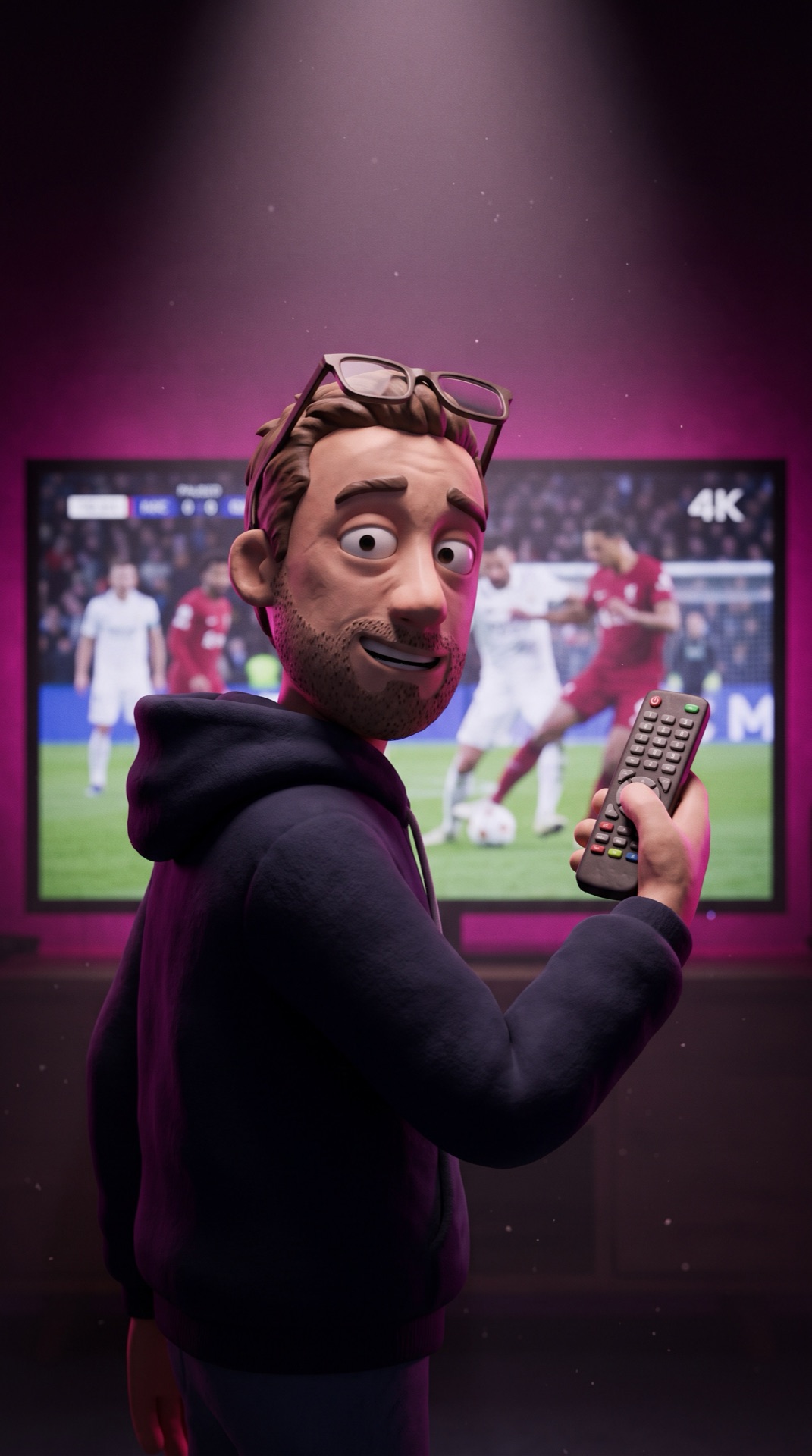 Board 03 frame 04, Tobi caught with the remote, 4K football paused behind him, sheepish grin