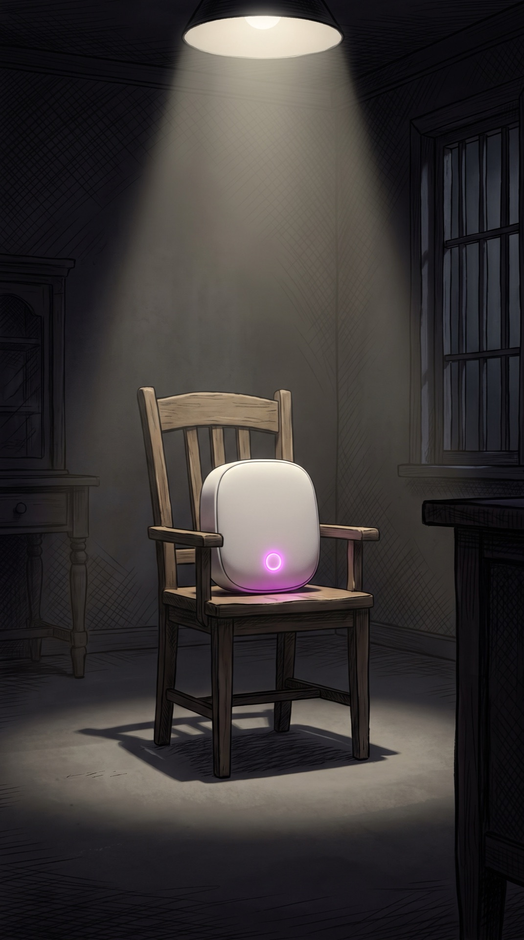 Board 03 frame 05, The router sits calmly on a witness chair in the spotlight, magenta light steady