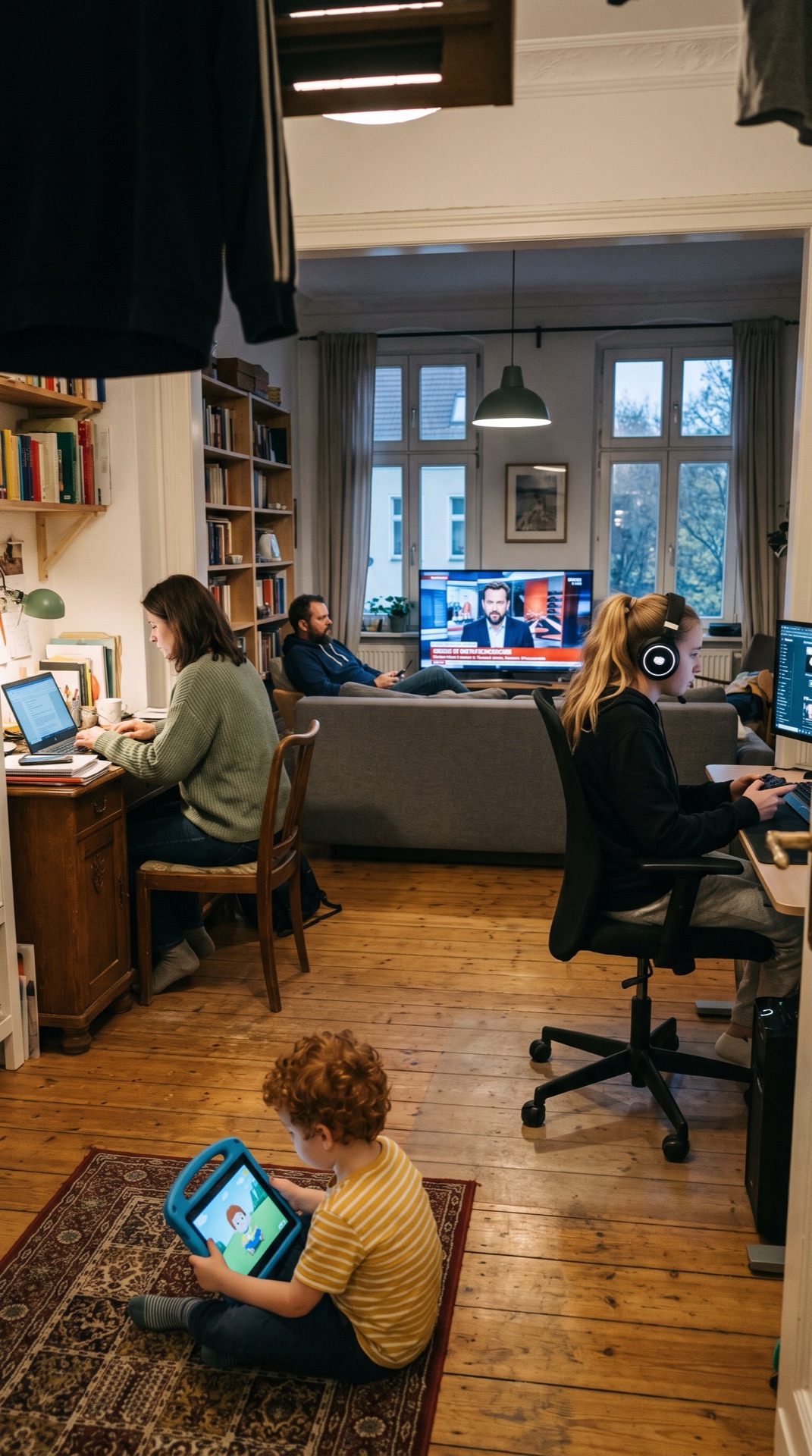 Board 04 frame 01, Evening. Wide shot of the flat, every screen on, everyone absorbed