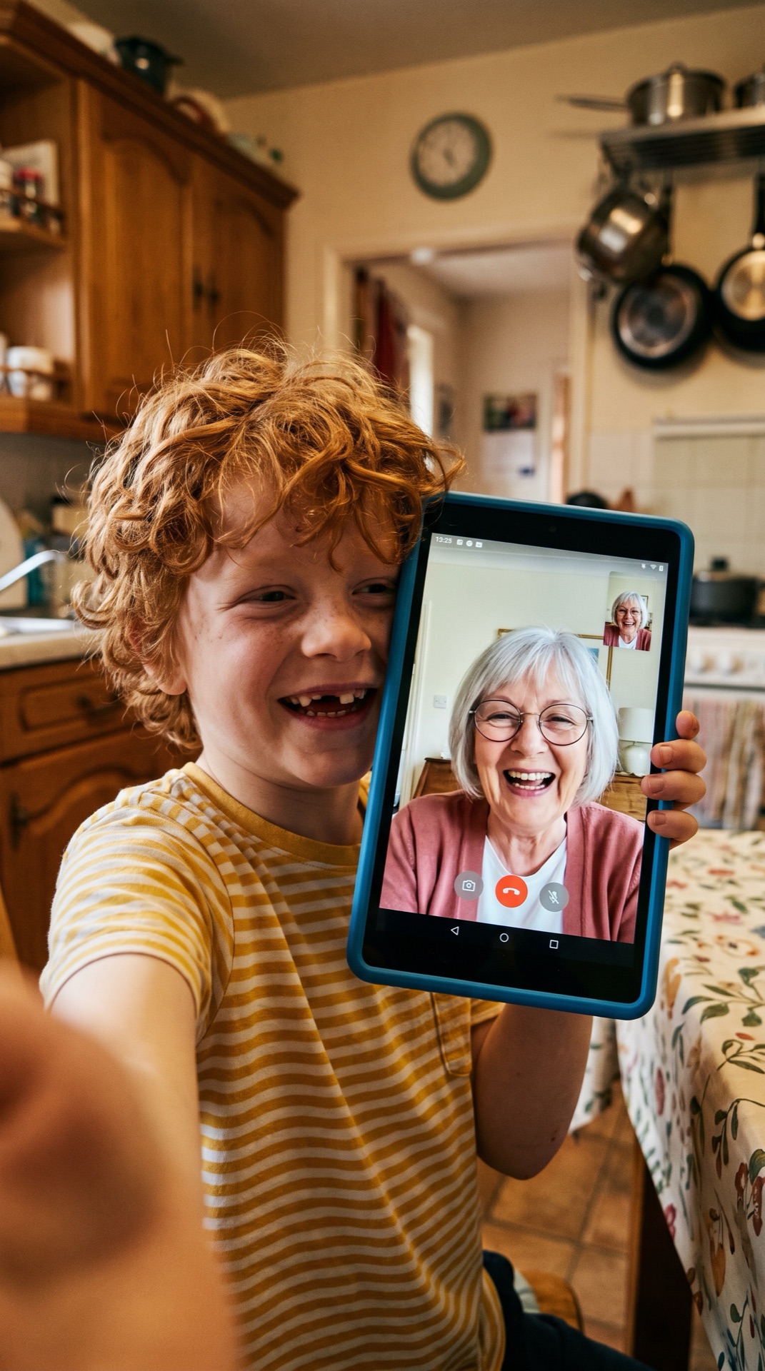 Board 04 frame 02, Finn holds the tablet up to show Oma Rosi his gap toothed smile on a video call, both laugh