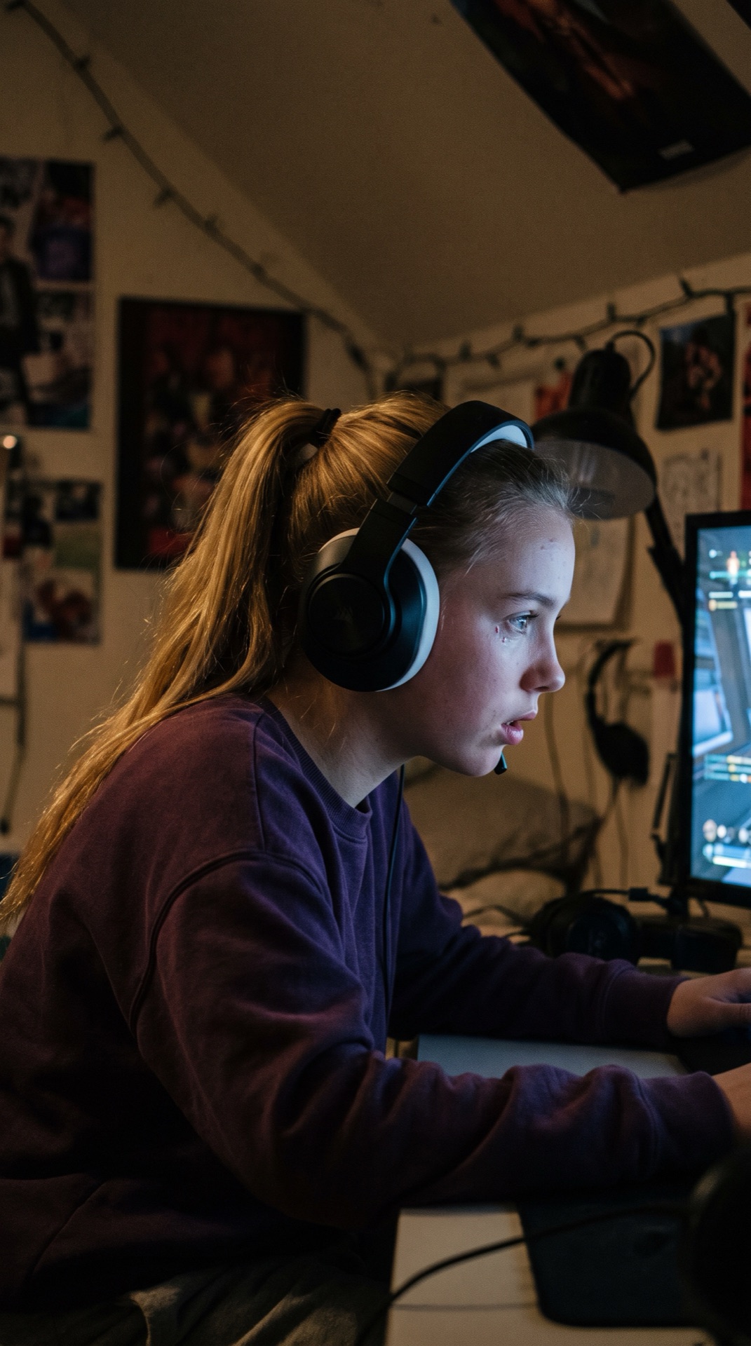 Board 04 frame 03, Mia in a tournament final, headset on, total focus, her friends' voices on the team chat