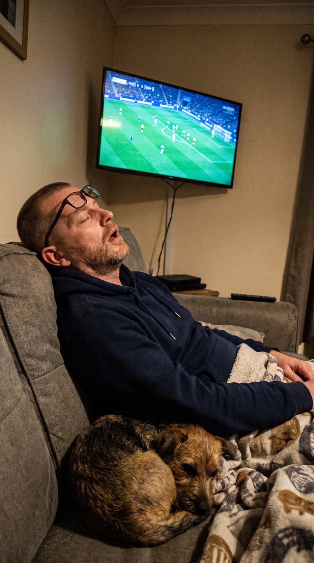 Board 04 frame 05, Tobi asleep on the sofa while the football stream keeps running, dog beside him
