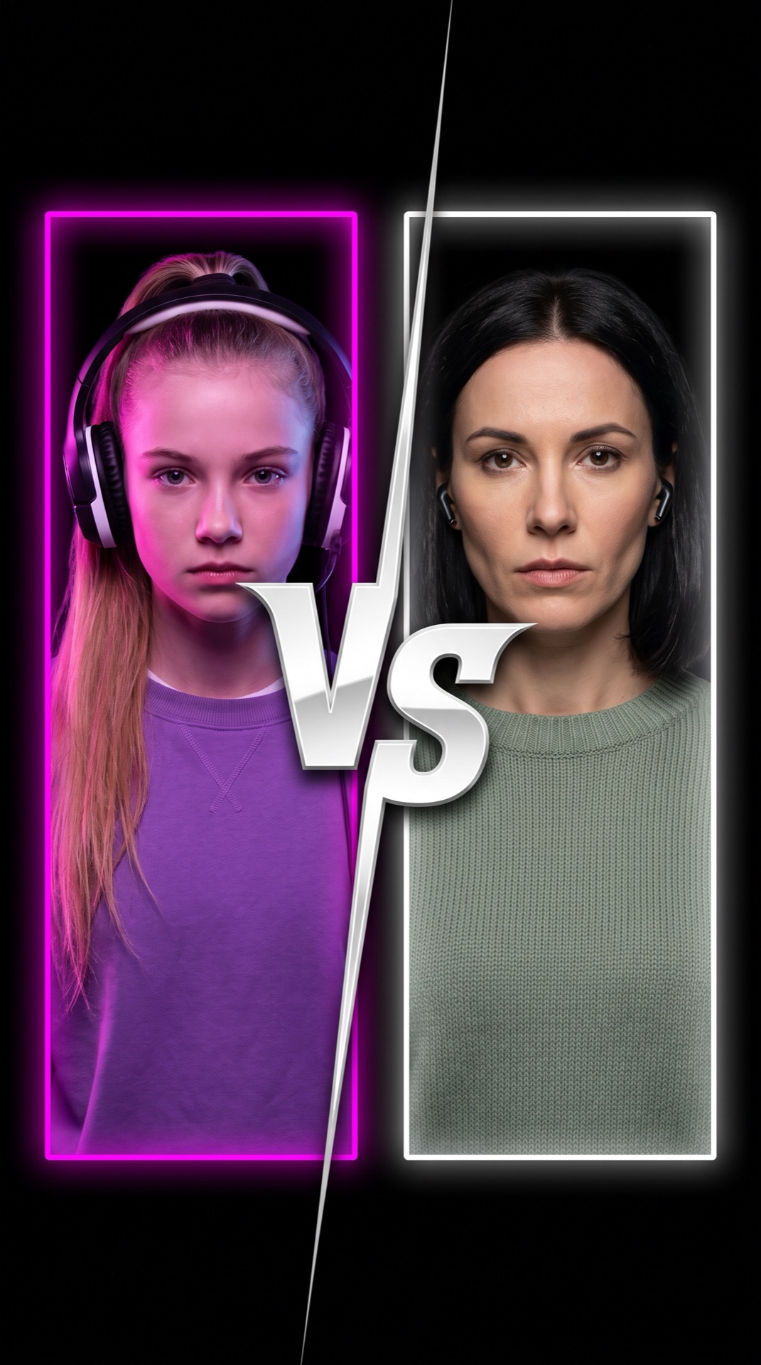 Board 05 frame 01, Vertical split: Mia with headset on the left in magenta light, Lena with earbuds on the right in cool light, a big VS in the middle