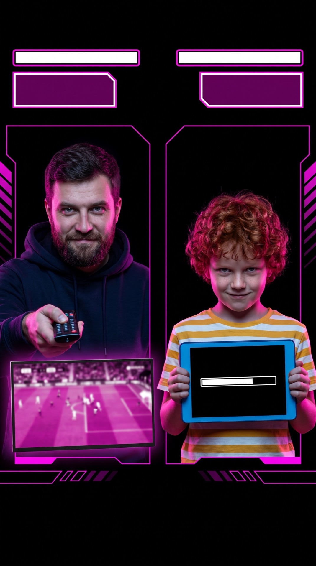 Board 05 frame 03, The real opponents appear at the bottom: Tobi's 4K football stream and Finn's cartoon download, styled as boss characters with health bars