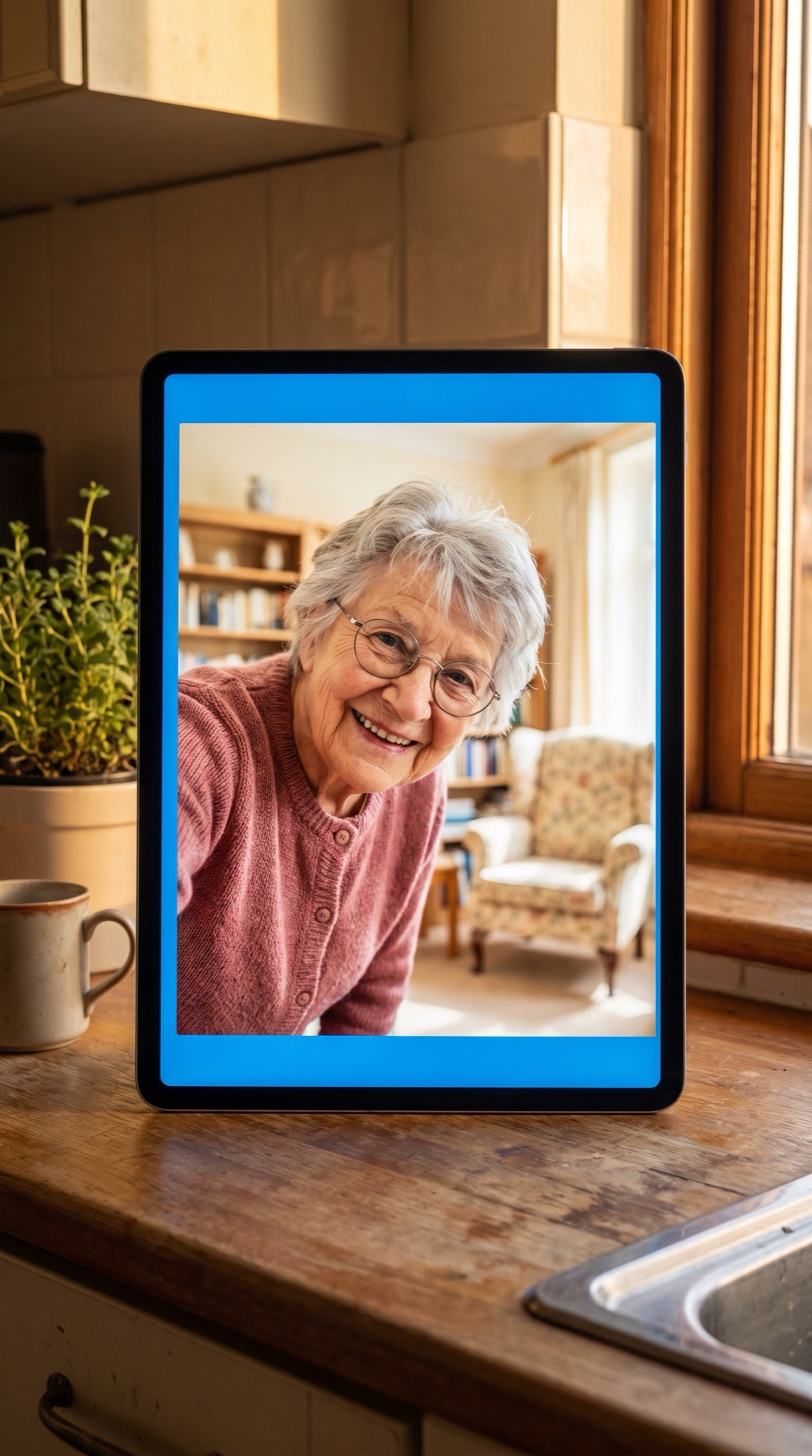 Board 06 frame 02, Oma Rosi on the tablet screen, leaning close, glasses on, excited