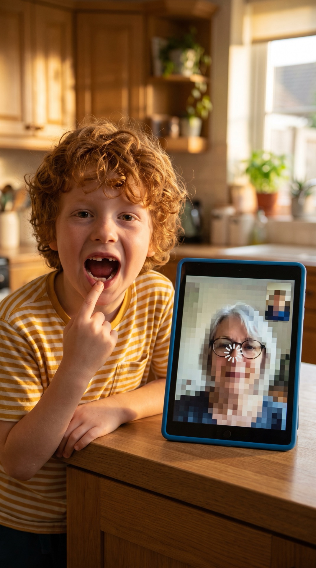 Board 06 frame 03, Finn opens his mouth to show the gap, at that moment the tablet image freezes into blocky pixels