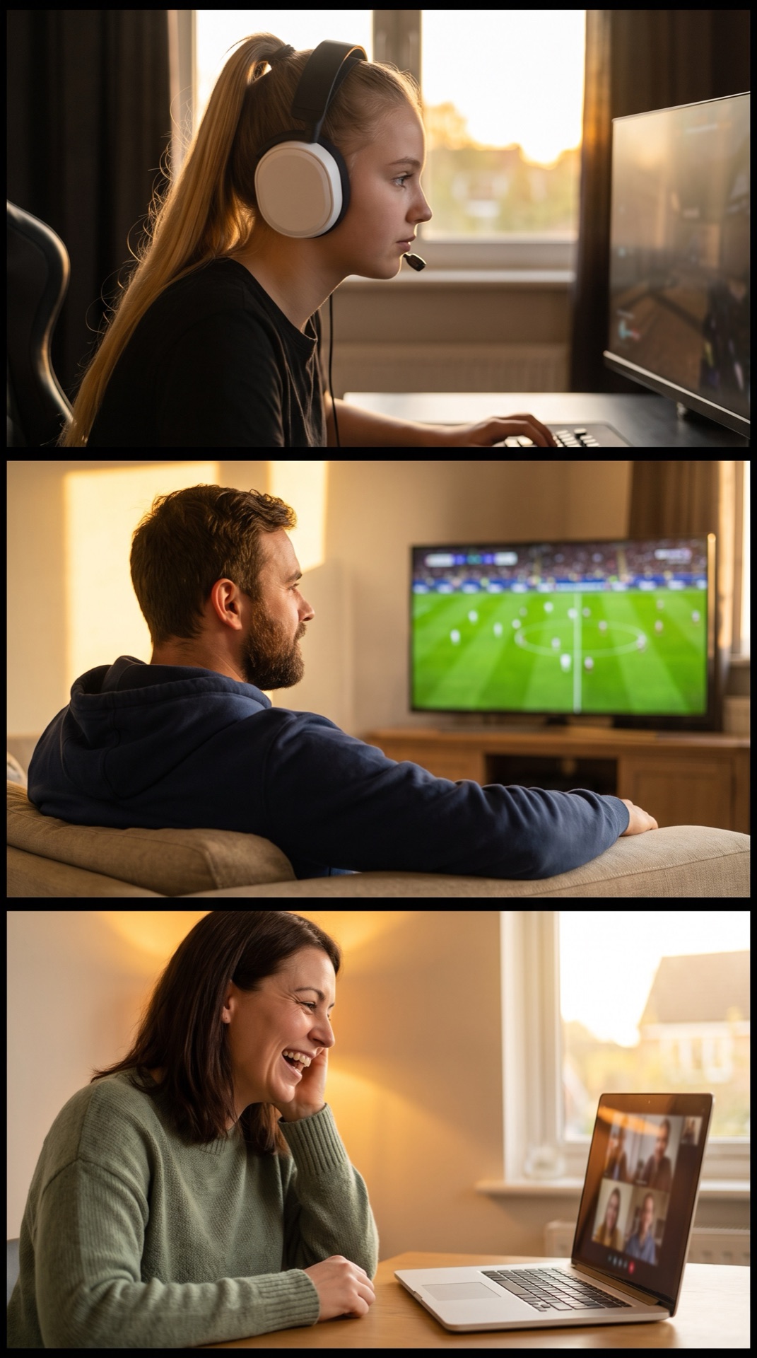 Board 06 frame 04, Behind him: Mia's match, Tobi's 4K stream, Lena's call, all running at once