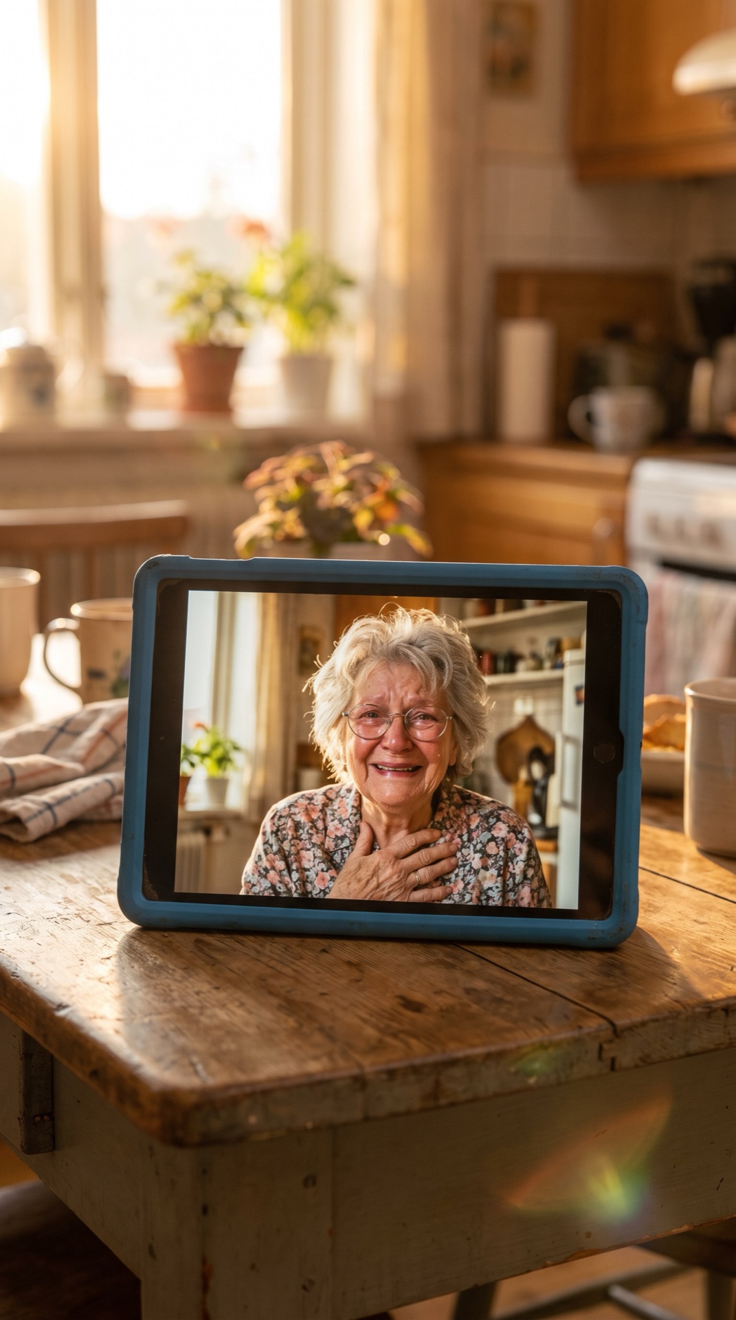 Board 06 frame 05, Same moment again, the tablet crisp, Oma's face lights up, hand on her heart