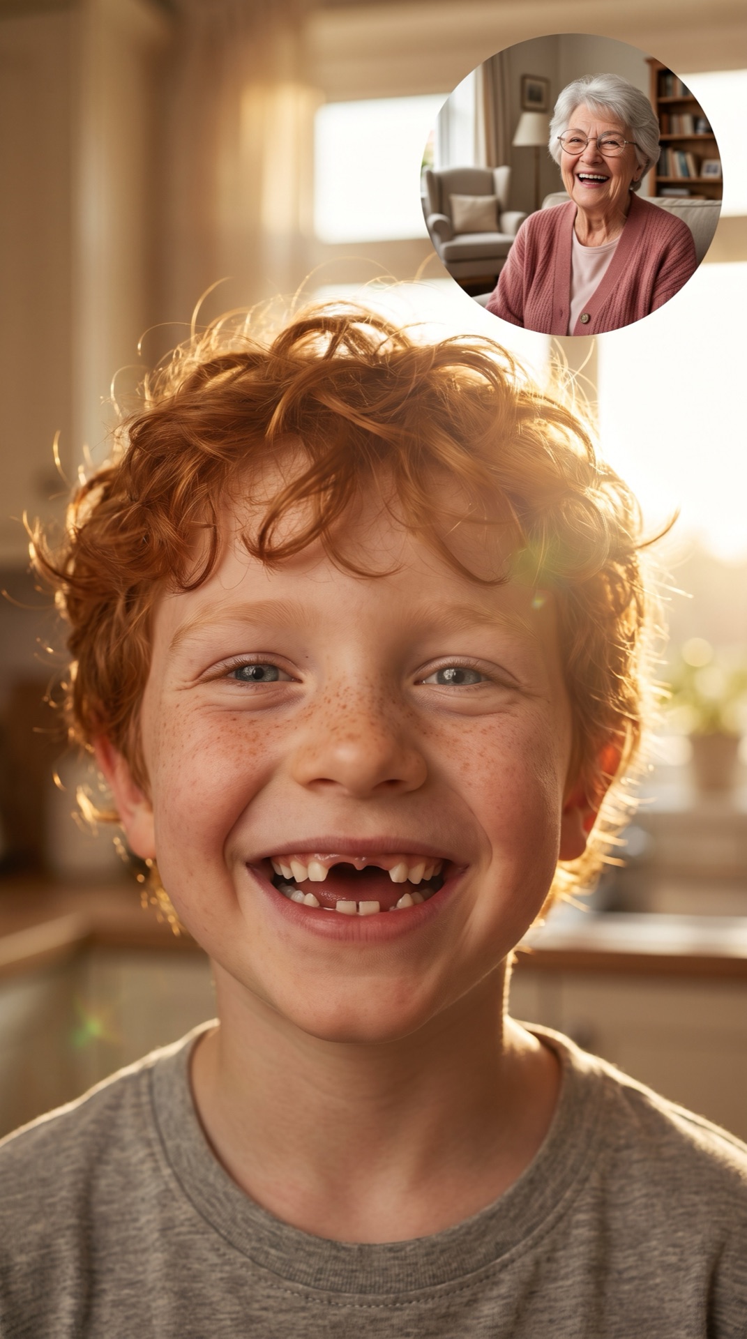 Board 06 frame 06, Close up of Finn's gap toothed grin filling the frame, Oma laughing in the corner window