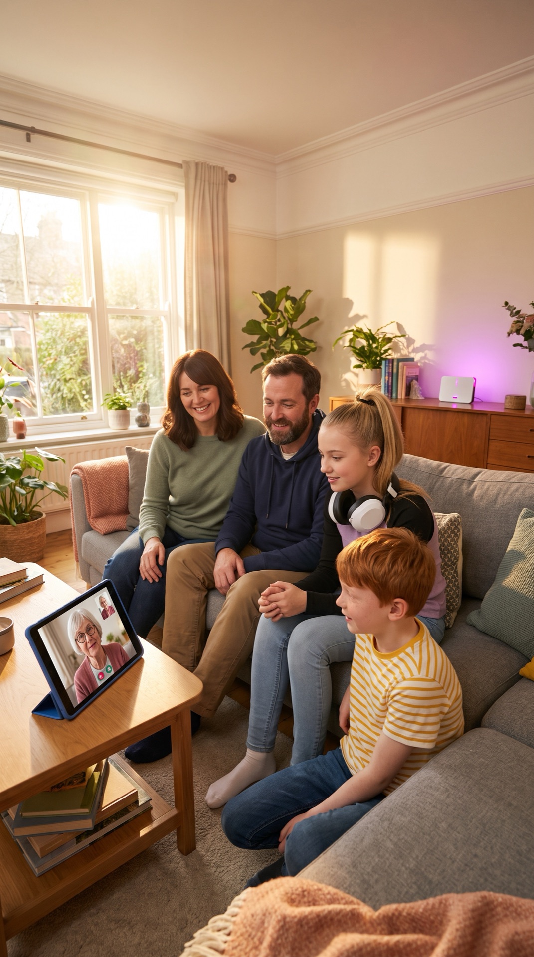 Board 06 frame 07, Promise frame: family on the sofa, the tablet propped up with Oma still on the call, router light glowing